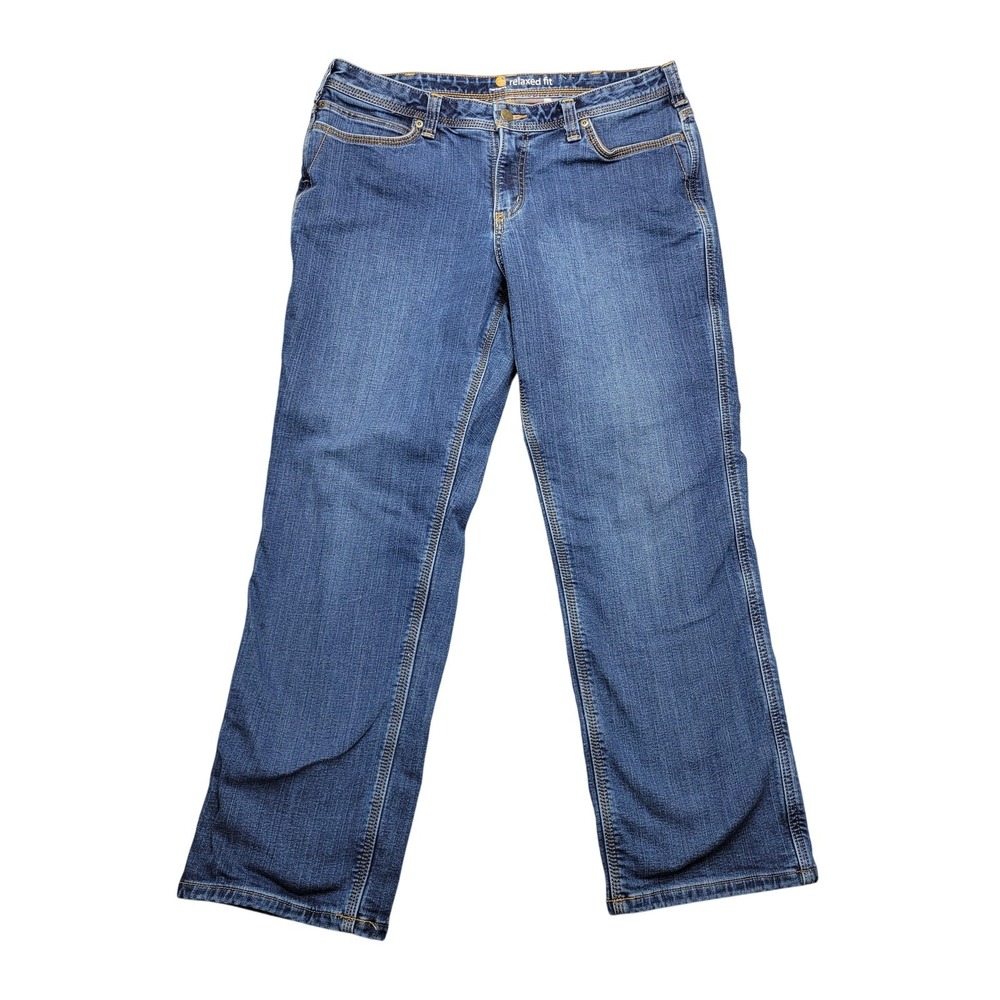 Carhartt‎ Flannel Lined Jeans Womens 14 Short Blue Wash Mid Rise Straight Denim